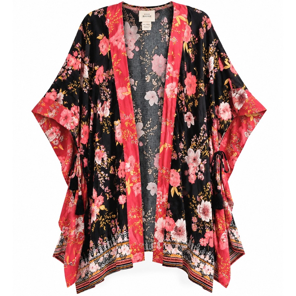 Knox Rose XL XXL Floral Kimono Duster Black Coral Boho Open Front Rayon